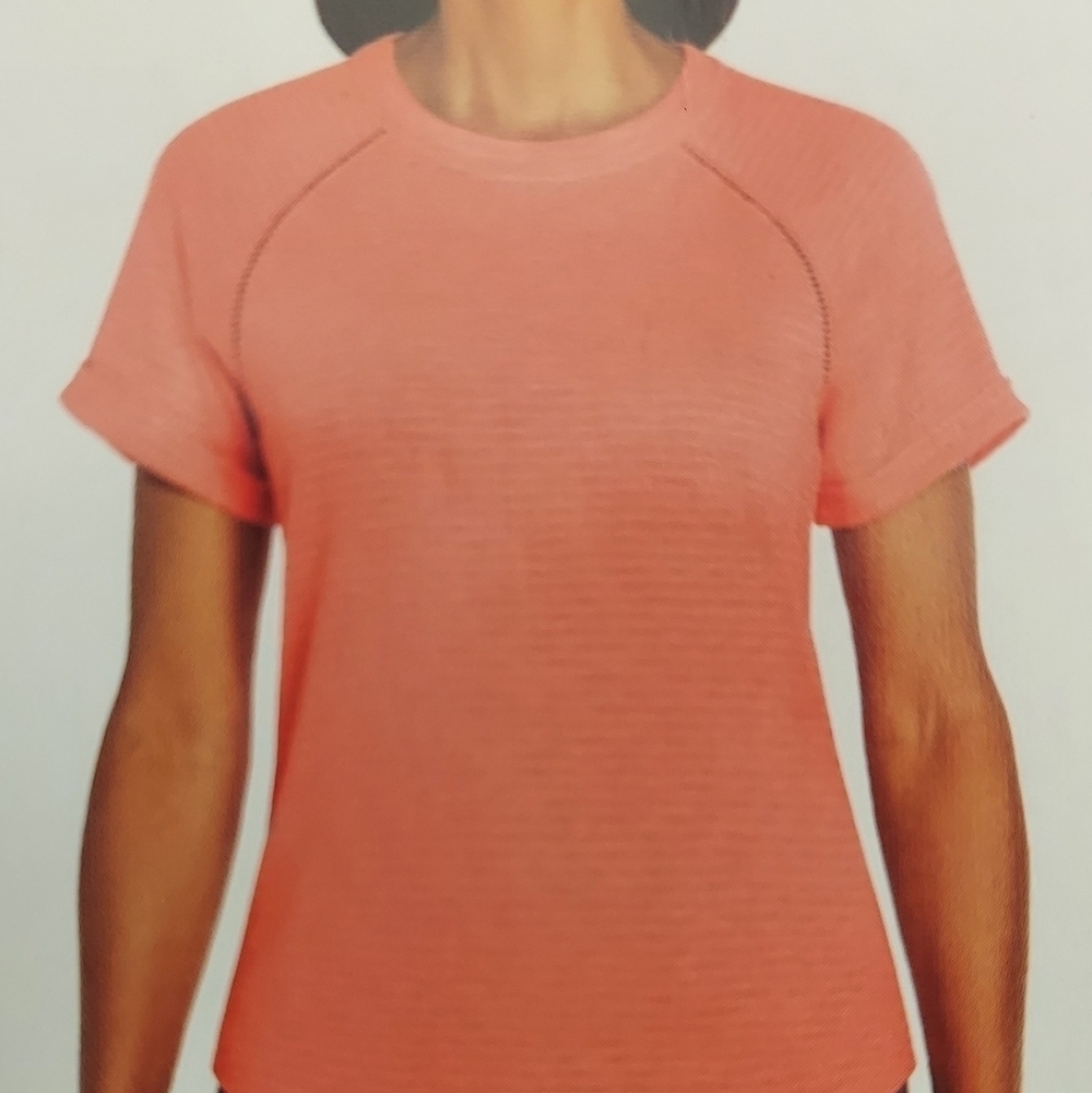 NWT EDDIE BAUER Shell Pink Ladder Trim Soft Slub Fabric Relaxed Fit SS Tee L